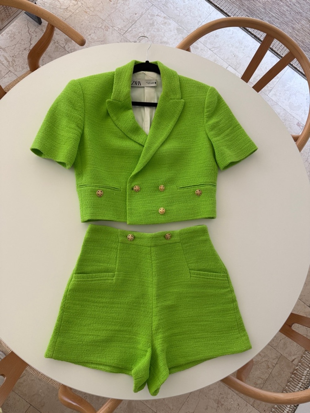ZARA Neon Lime Tweed Cropped Blazer & High-Waisted Shorts Matching Summer Set